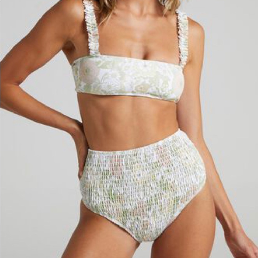 Charlie Holiday Newport Smocked Bikini Briefs In Floral Forest Olive